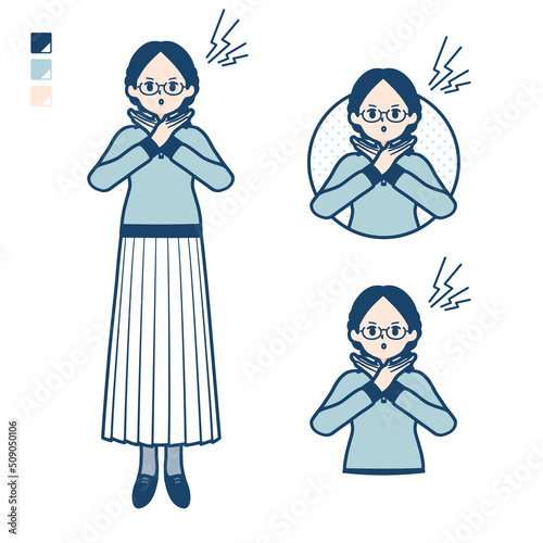 眼鏡をかけた女性が腕でばってんを作っているイラスト