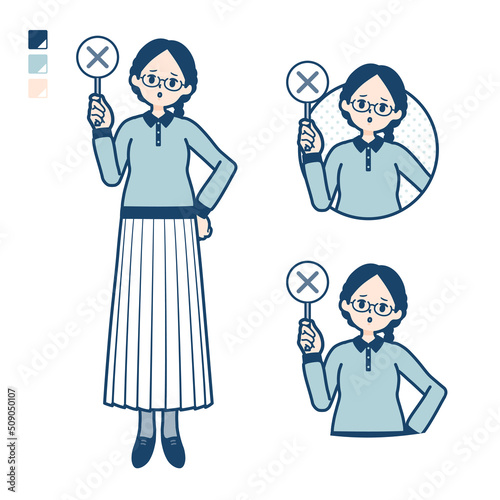 眼鏡をかけた女性がバツ印パネルを出すイラスト