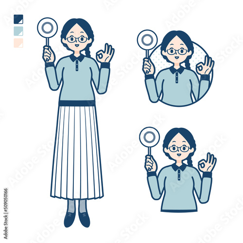 眼鏡をかけた女性がマル印パネルを出すイラスト