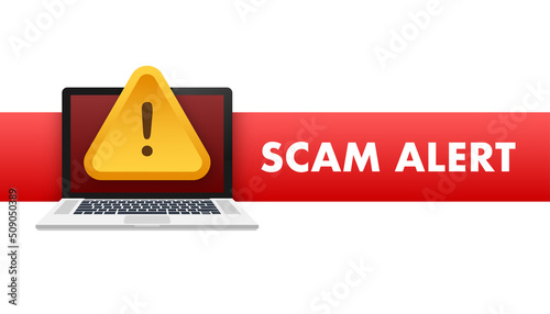 Banner with red scam alert. Attention sign. Cyber security icon. Caution warning sign sticker. Flat warning symbol. Vector stock illustration