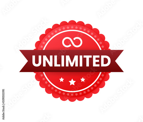 Red ribbon on Unlimited text on white background. Promotion sign. Vector stock illustration