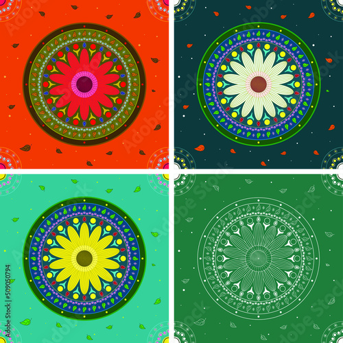 vector set of floral pattern in different seasons seamless art pattern seamless mandala floating flowers with hot and cold tones India, Bhutan, Japan, Tibet, Mongolia, Sri Lanka.