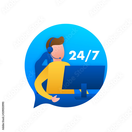 24-7 service concept. 24-7 open. Support service icon. Vector stock illustration