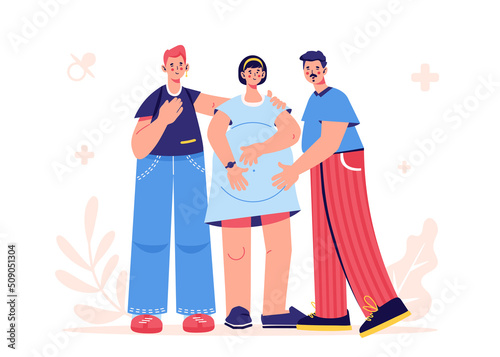 Surrogacy. Gestational surrogate before childbirth. Pregnant woman standing with future gay parents. Baby expectation. Lgbtq+ family. Pride parade.