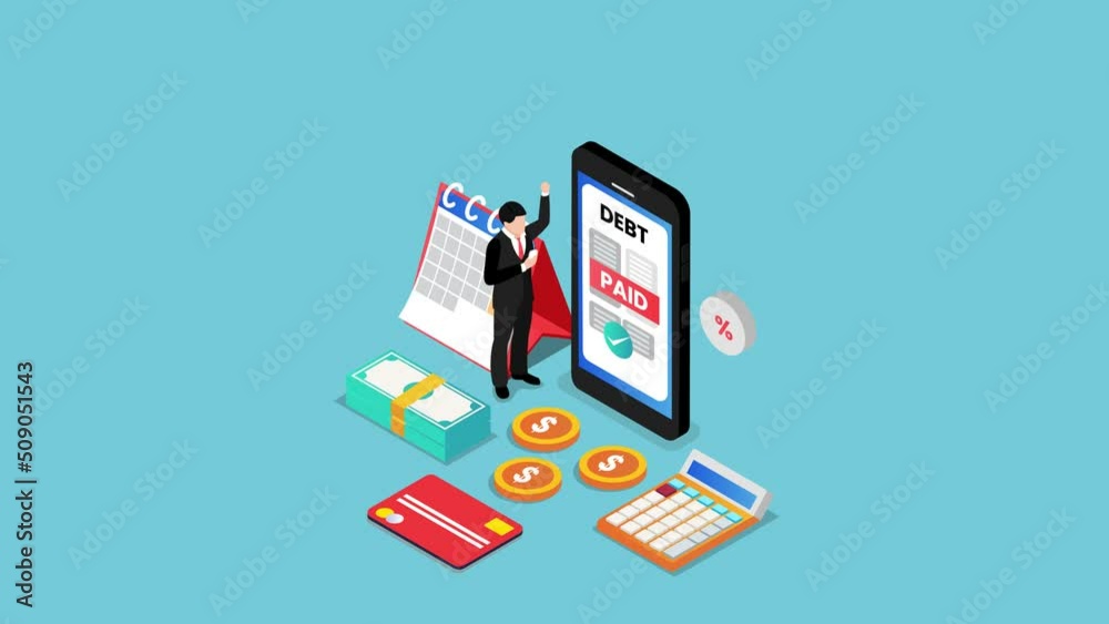 Happy businessman paying debts on the cellphone Happy businessman paying debts on the cellphone