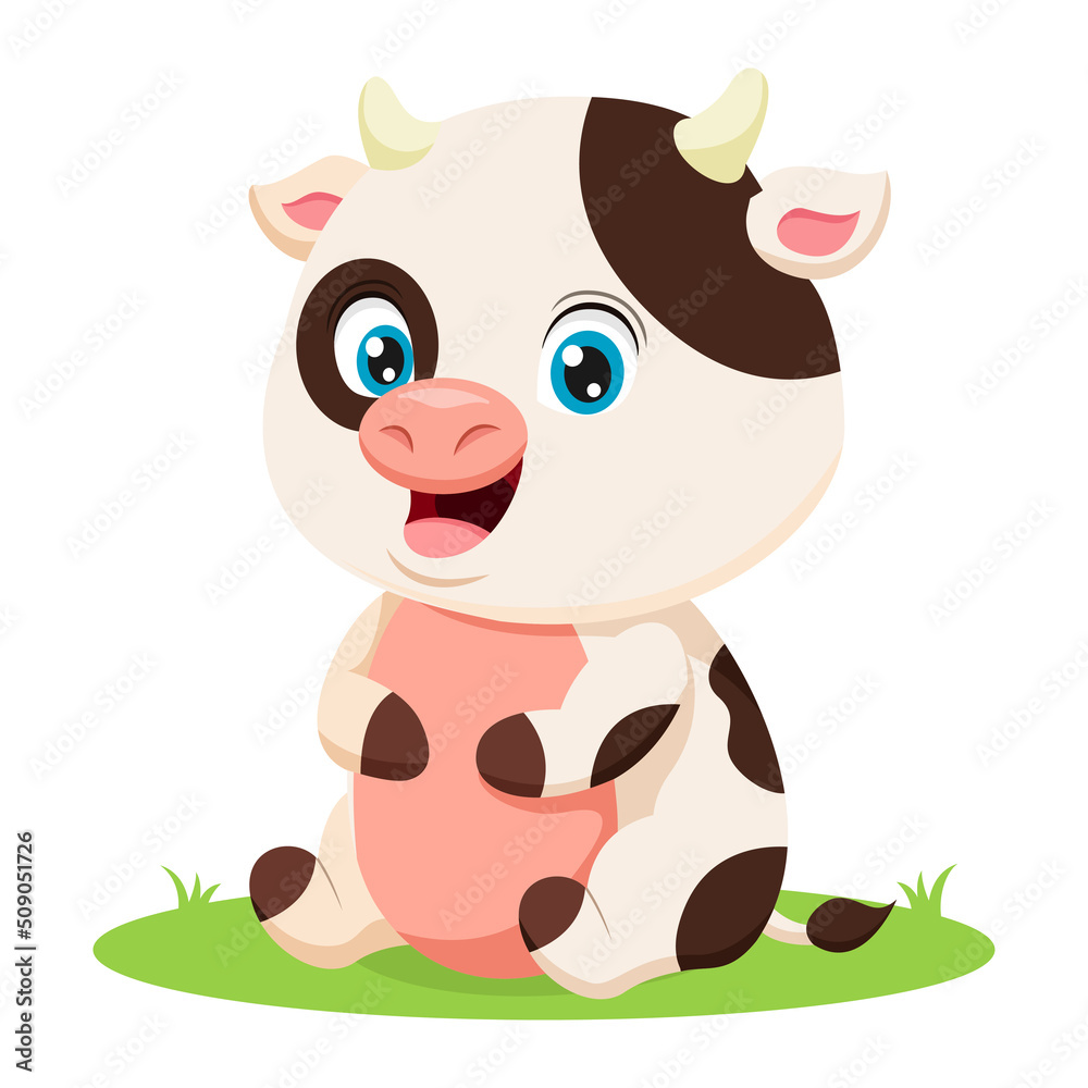 Fototapeta premium Cute little cow cartoon sitting in grass