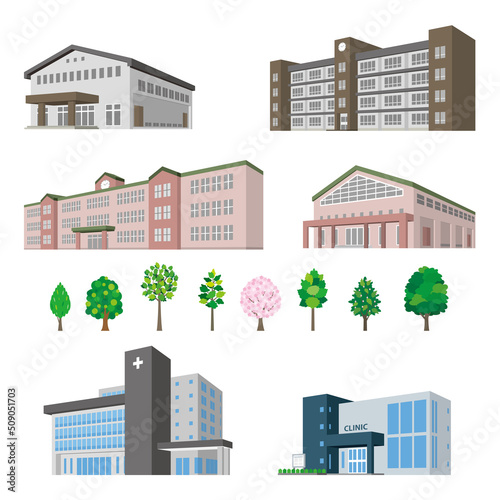 様々な建物のパースイラスト. 建物の外観.