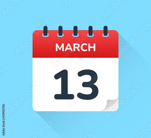 March 13, thirteen of the month. Vector flat design of daily calendar icon. Date and day of the year