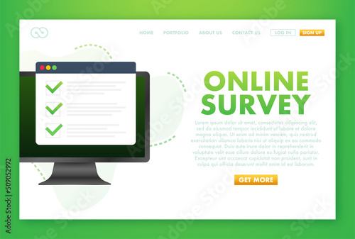Online survey, checklist, questionnaire icon. Laptop, Computer screen. Feedback business concept. Vector stock illustration