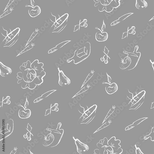 Vector seamless pattern on a culinary theme, imitation of drawing with chalk by hand black background. Fruits pear, apple, cherry, vegetables, cabbage, carrot, tomato. Cutting board with knife, plate © Valentina