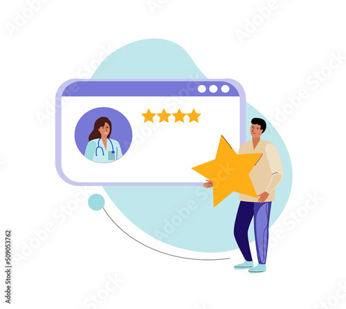Patient leaves positive review doctor work, clients evaluating doctors ranking concept, cartoon vector illustration.