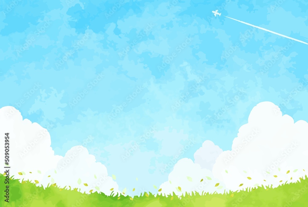 爽やかな青空と草原の風景イラスト