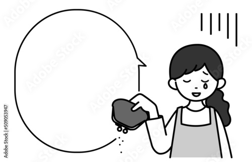 空の財布を持って涙する主婦のモノクロイラスト