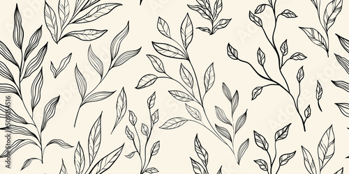 Leaves branch and Hand Drawn doodle Scribble floral plants banner. seamless pattern. Creative minimalist Abstract art background. Design wall decoration, postcard, poster or brochure