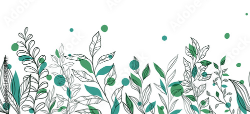 Leaves branch and Hand Drawn doodle Scribble floral plants banner. Seamless banner fpame. Abstract art background. Design wall decoration, postcard, poster or brochure