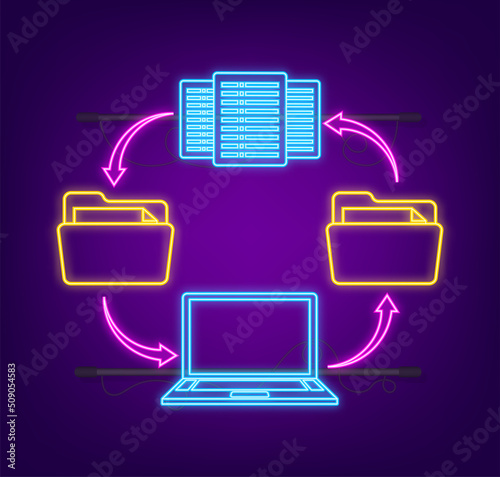 Data center information in cartoon style. Isometric vector. Database system. Neon icon