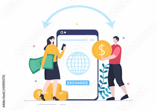 World Currency Exchange Services Cartoon Illustration Online Economy Applications for Cryptography, Euro, Dollar with Transaction Code