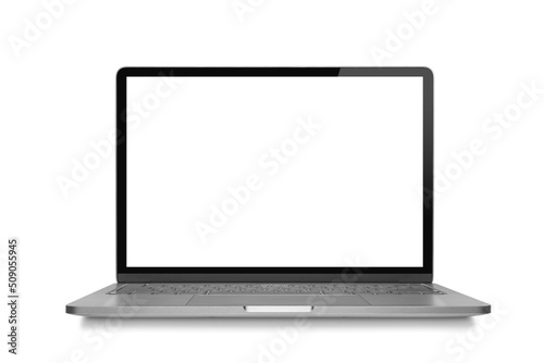laptop or computer notebook with empty screen incline 90 degree isolated white clipping path on white background.