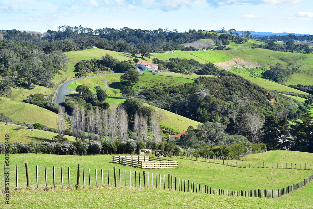 Former homestead of Scandrett family surrounded by farmland in what is now Scandrett Regional Park. Location: Mahurangi East New Zealand
