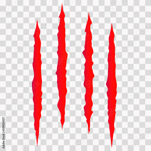 Cat scratches. Animal claws marks in red. Monster or dinosaur attack slash stripes on transparent background. Vector illustration