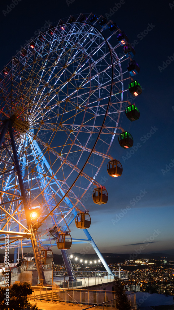 Famous ferris wheel in Mtatsminda amusement park in Tbilisi, Georgia. Illuminated giant wheel at night. Entertainment concept