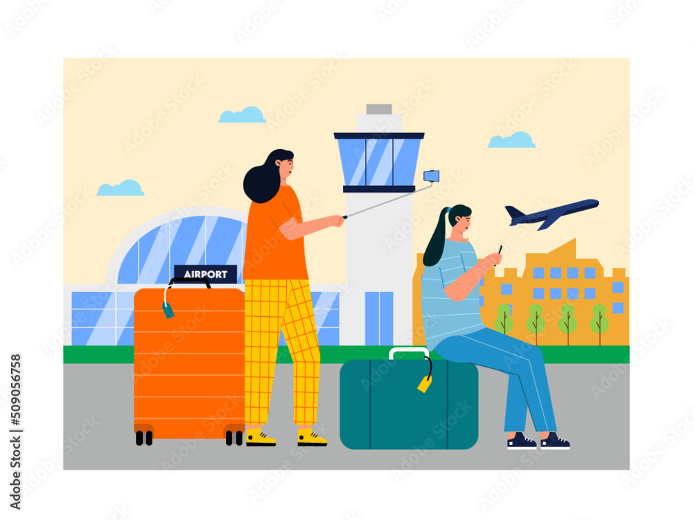Two women are each standing with suitcases in front of the airport. They are each holding the handphone to selfie and chat. Ai vector illustration Two women are each standing with suitcases in front of the airport. They are each holding the handphone to selfie and chat. Ai vector illustration