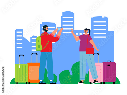 A man and a woman meet in a town with their suitcases. They want to go on the trip. Ai vector illustration	