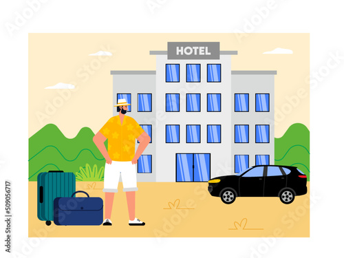 A tourist with his suitcase had arrived in front of the hotel. He will rest at the hotel before going on a tour. Ai vector illustration	