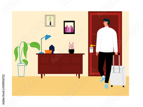 A man carrying a suitcase into a hotel room. Inside the hotel there is a work space to support its activities as a worker. Ai vector illustration 