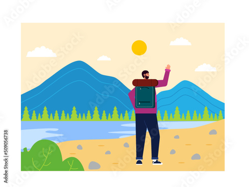 Man with backpack standing at edge of lake. Tourist enjoying admiring landscape. Ai vector illustration	