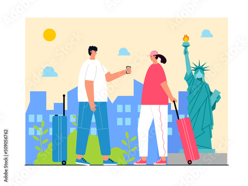 Tourists visiting and enjoying the statue of liberty. The Statue of Liberty is a destination visited by many tourists. Trip and vacation vector illustration. 