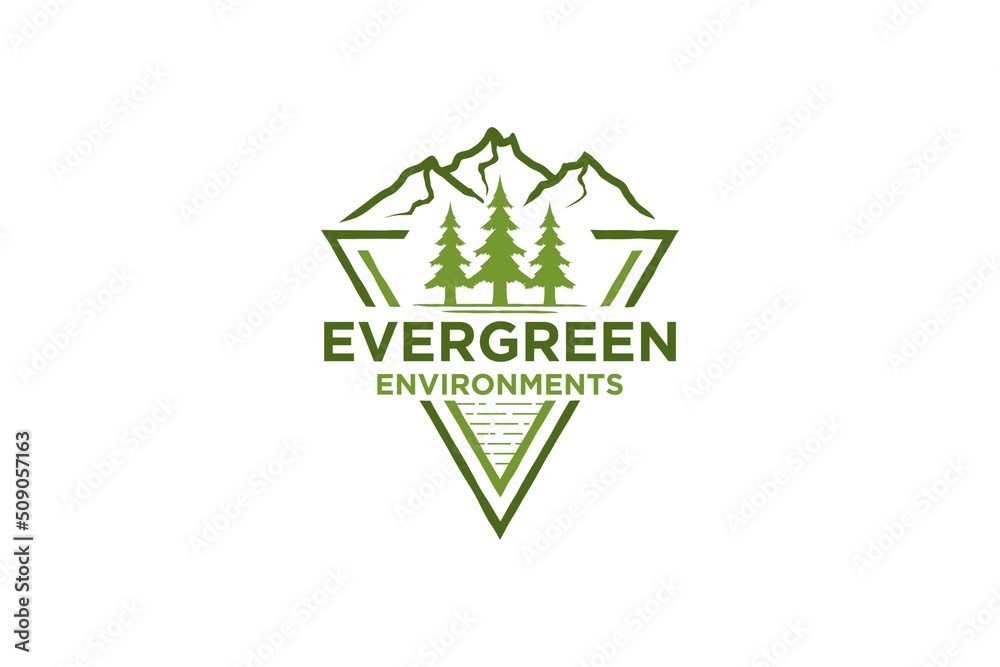 Fototapeta premium Minimalist Landscape Mountain, Hills Peaks Pine Tree River Creek Simple logo design Vector