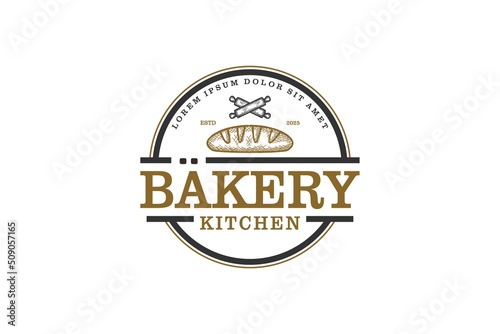 Bakery kitchen logo design with rolling pin cake bake icon vintage badge food drink