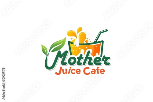 Orange juice logo drink with fresh green leaf straw glass splash design