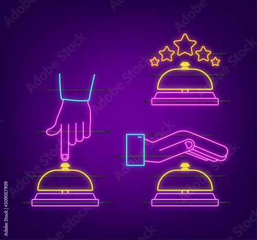 Realistic gold icon of reception bell on white backdrop. Neon icon. Customer help