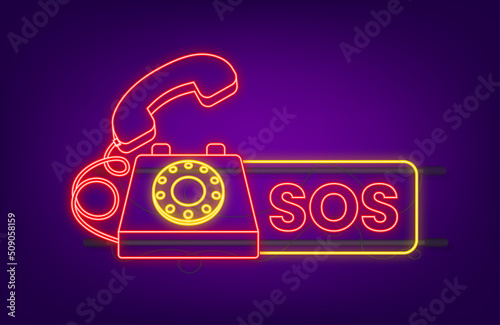 SOS emergency call. 911 calling neon icon. A cry for help. Vector stock illustration.