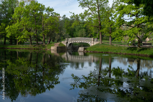 View of the cast-iron openwork bridge across the water maze channel near the White Lake in the Gatchina Palace and Park Complex on a sunny summer morning, Gatchina, St. Petersburg, Russia photo