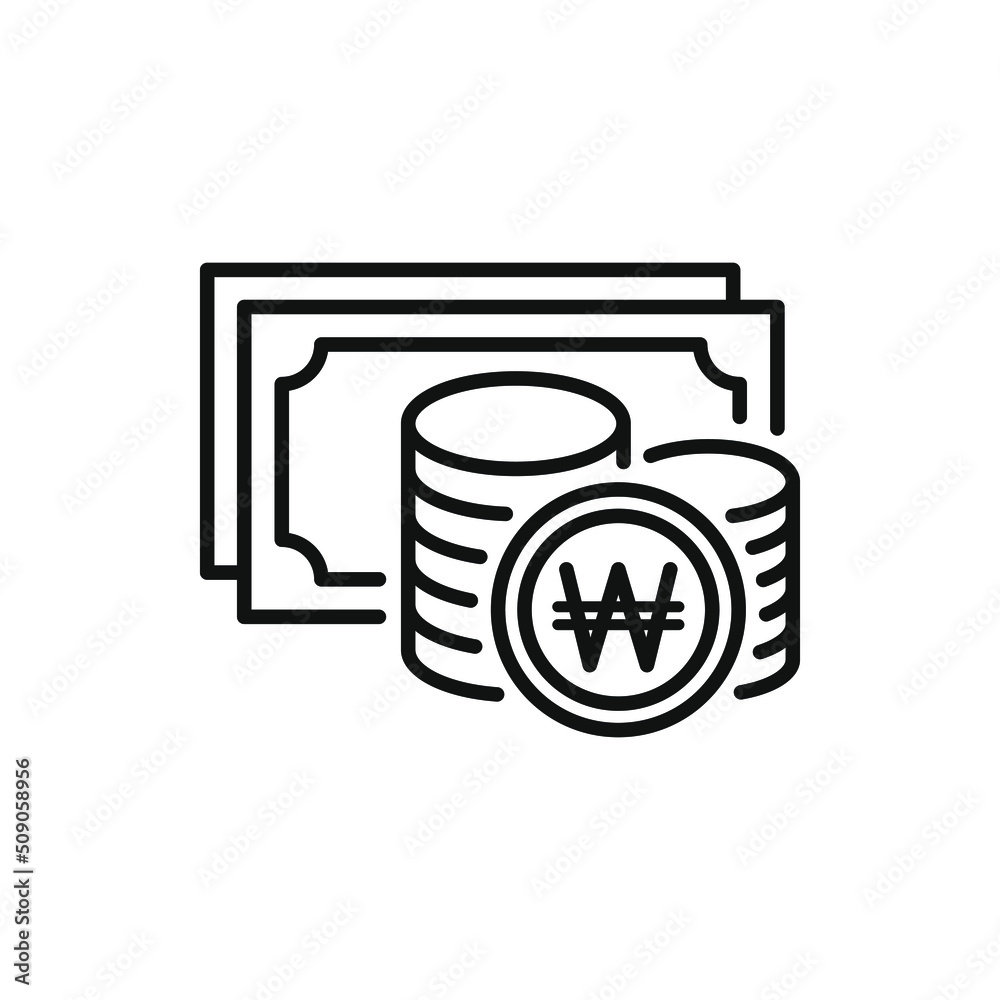 Korean won cash and coins. Money icon line style isolated on white background. Vector illustration