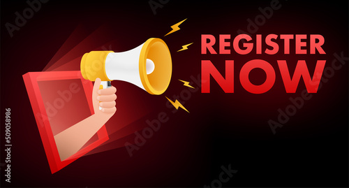 Megaphone label with register now. Megaphone banner. Web design. Vector stock illustration