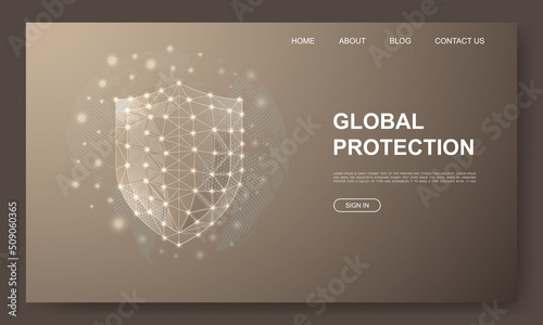 Shield 3d low poly website template. Antivirus design illustration concept. Polygonal Cyber security symbol for landing page, advertising page.