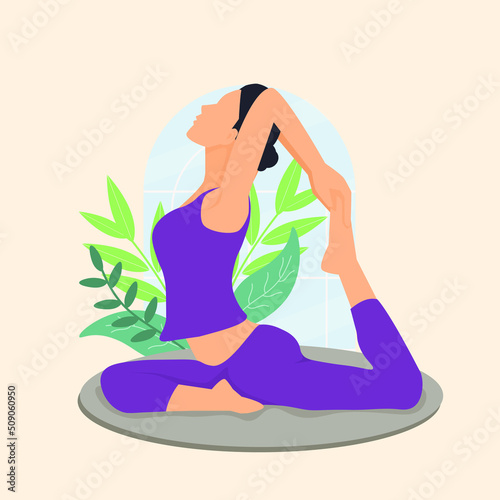 She is doing yoga exercises, Rajakapotasana pose.