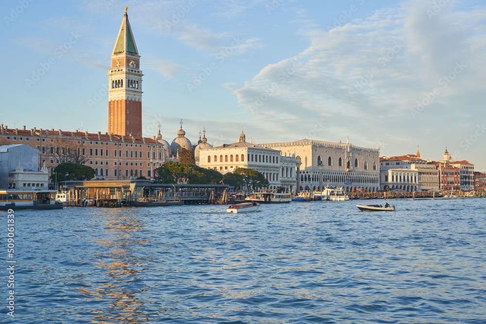 View of Piazza San Marco Church Tower and Canal Grande in foreground. Sightseeing in Venice