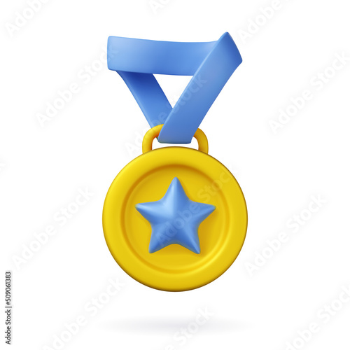 3d medal icon with star. Gold sport award for winner. Vector prize badge render illustration isolated on a white background