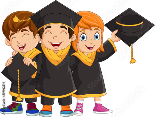 Cartoon graduation children in black costumes