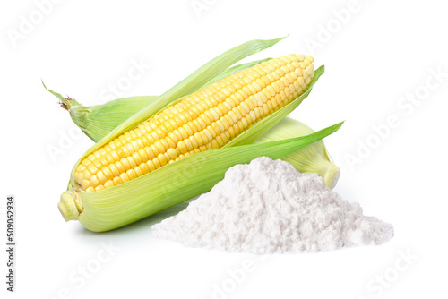 Corn starch with fresh sweet corn isolated on white background.