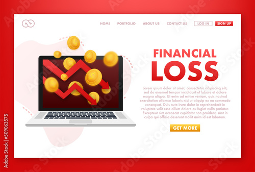 Money loss. Cash with down arrow stocks graph, concept of financial crisis, market fall, bankruptcy. Vector stock illustration