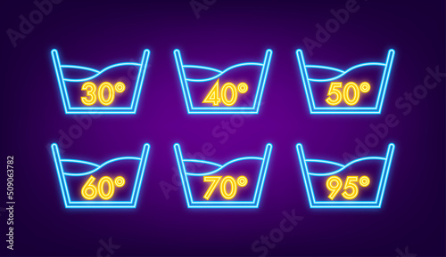 Temperature of water. Temperature washing neon icon with thermometer.