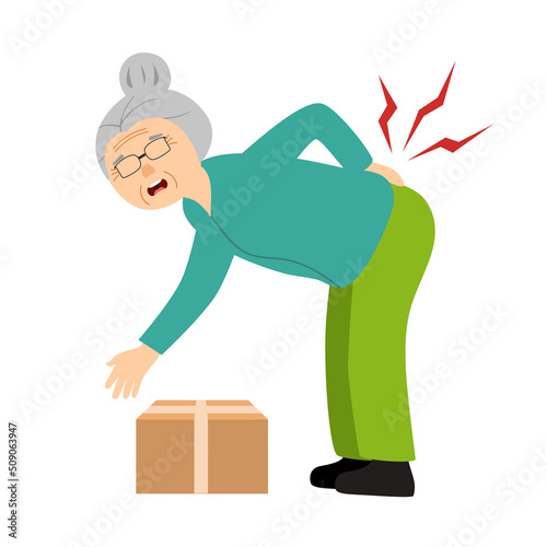 Senior woman suffering from back pain in flat design on white background. Muscle or bone problem.