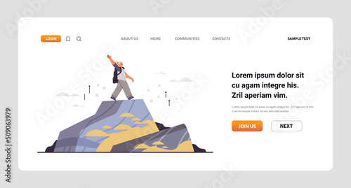 woman on top of mountain hiking trip adventure active summer vacation hike journey concept
