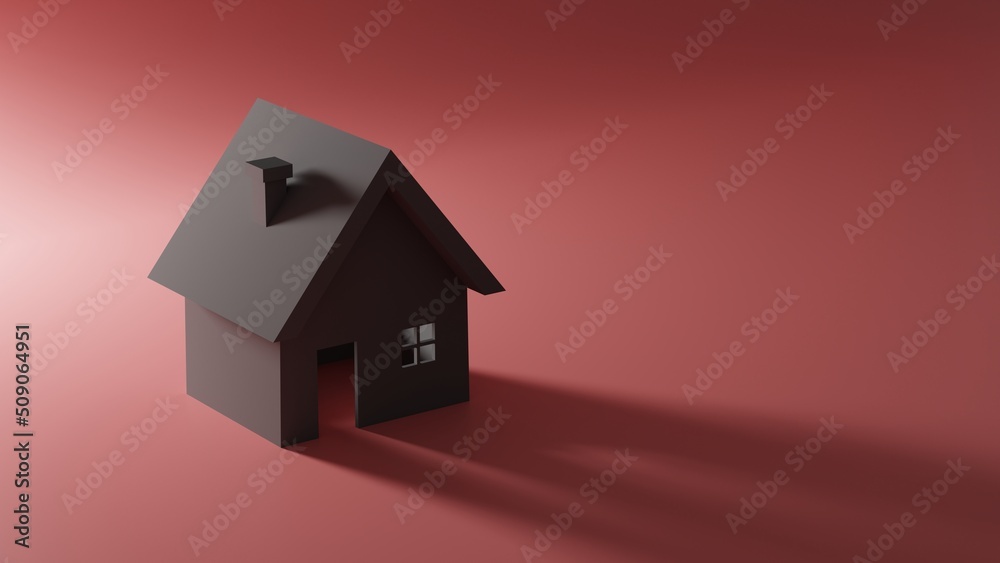 Black house with openings of windows and doors on a red background. 3D rendering Black house with openings of windows and doors on a red background. 3D rendering